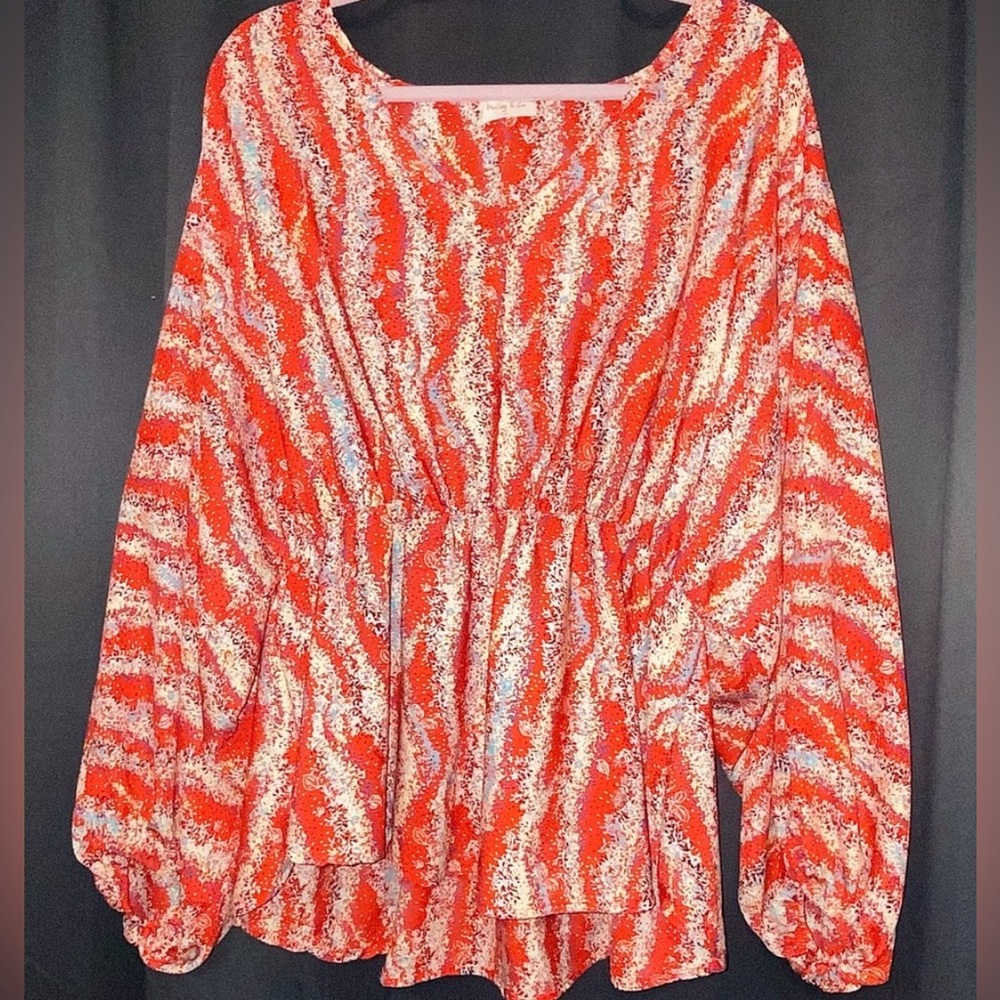 Red Graphic Printed Balloon-Sleeve Top with Elastic Waist.